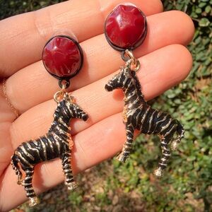Black & Gold Zebra Drop Earrings with Red Accent